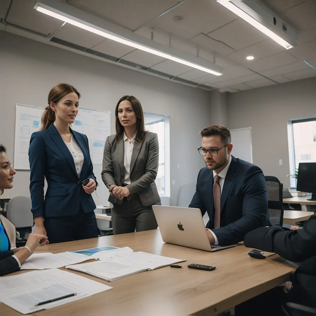 A candid shot of the team members collaborating on a project. The image should depict a dynamic work environment where team members are actively discussing and sharing ideas around a conference table. The scene should emphasize collaboration, communication, and a shared commitment to excellence in accounting services provided by Gorgocoun.