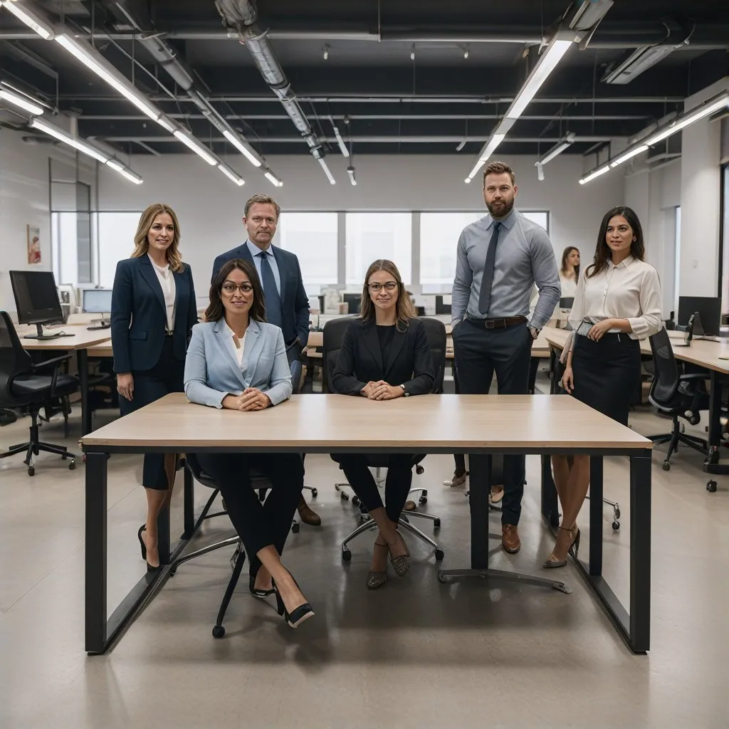 A group portrait of the Gorgocoun accounting team, showcasing the diversity and professionalism of the team members. The image should capture the essence of teamwork and success, with the team members standing together in a modern office environment. Each member should be visibly engaged, projecting confidence and expertise, reflecting the core values of Gorgocoun.